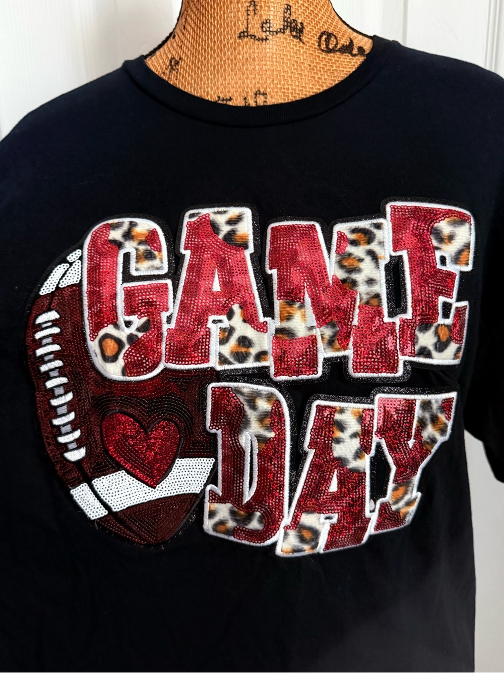 GAME DAY' Black Graphic Tee with Red & Leopard Accents
